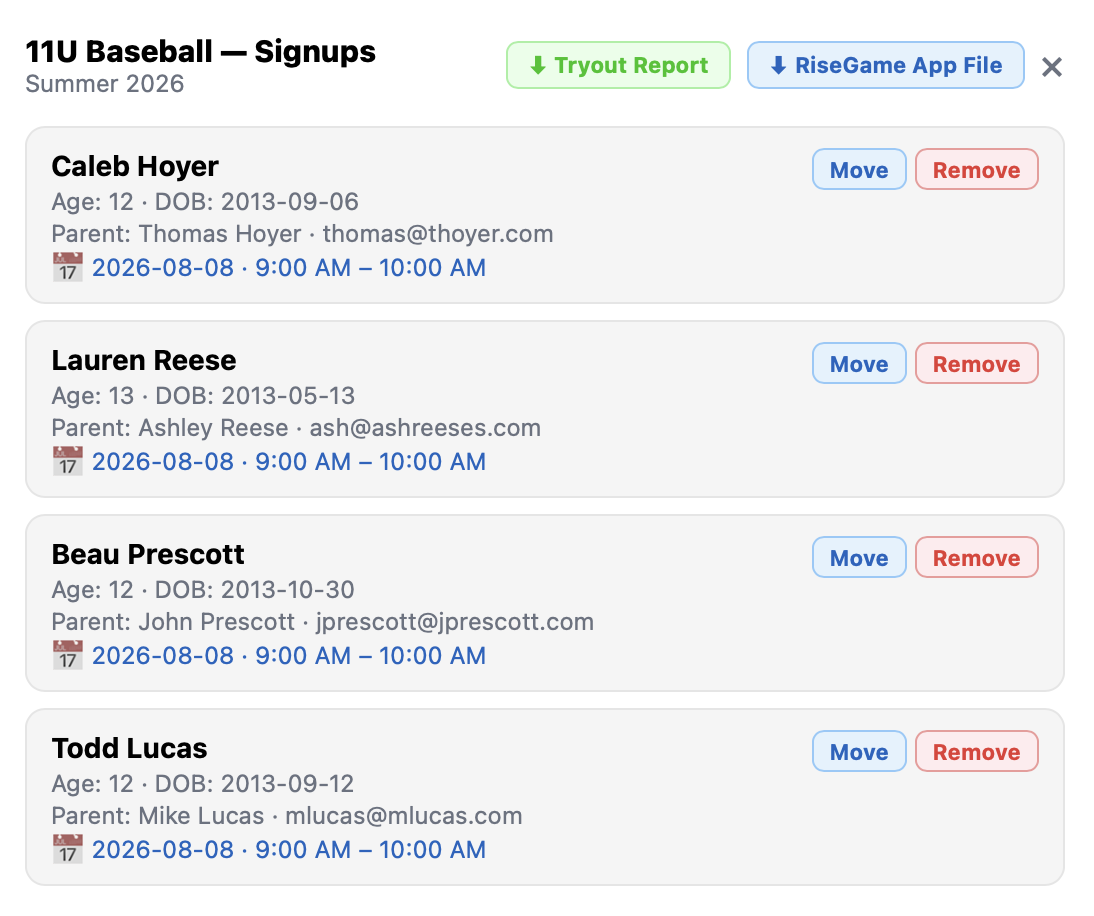 Tryout Scheduler – Player List