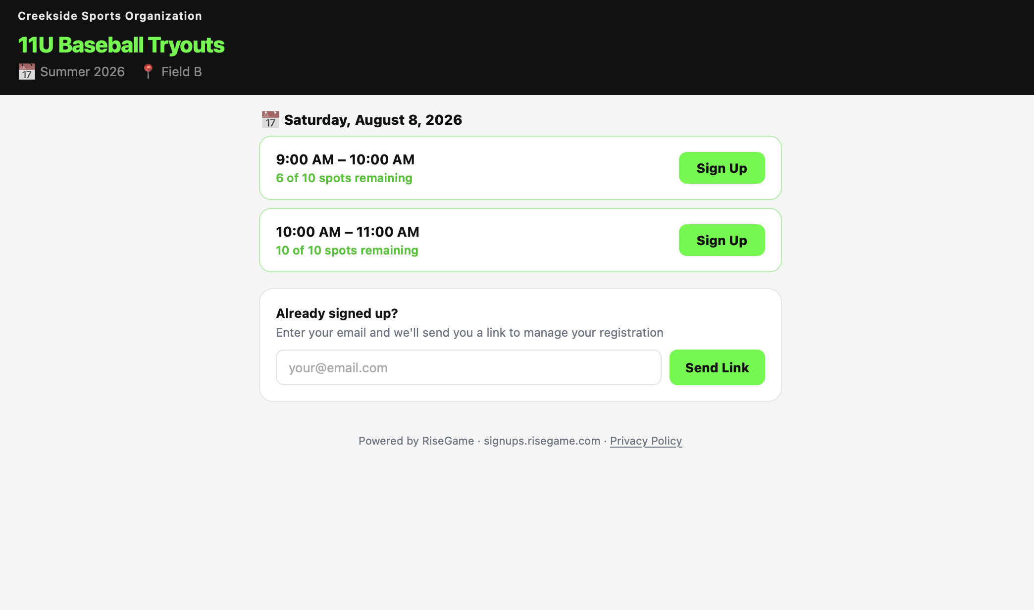Tryout Scheduler – Signup Slots