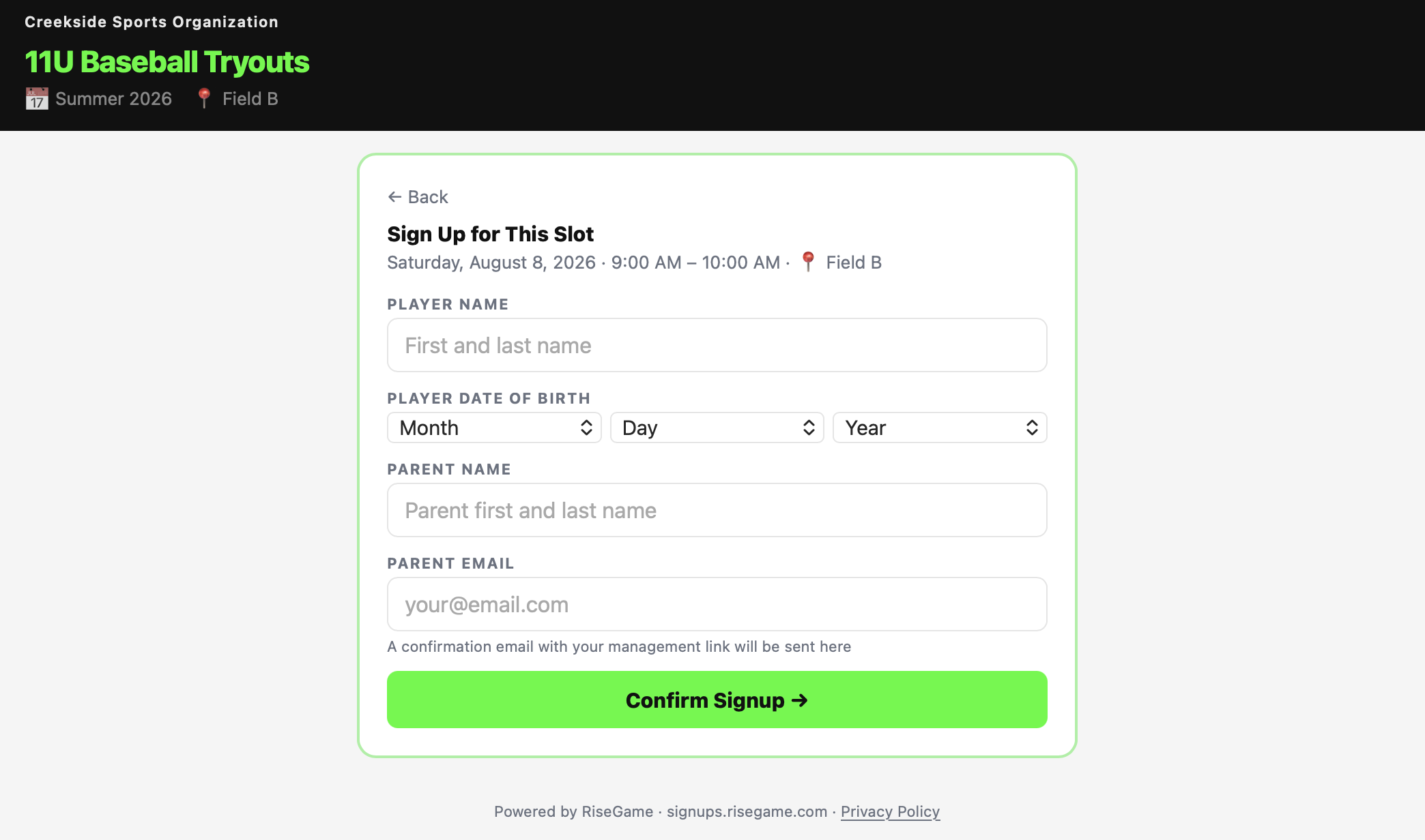Tryout Scheduler – Player Signup