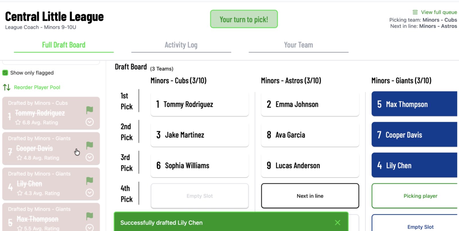 Drafts: the live draft board with each team's picks