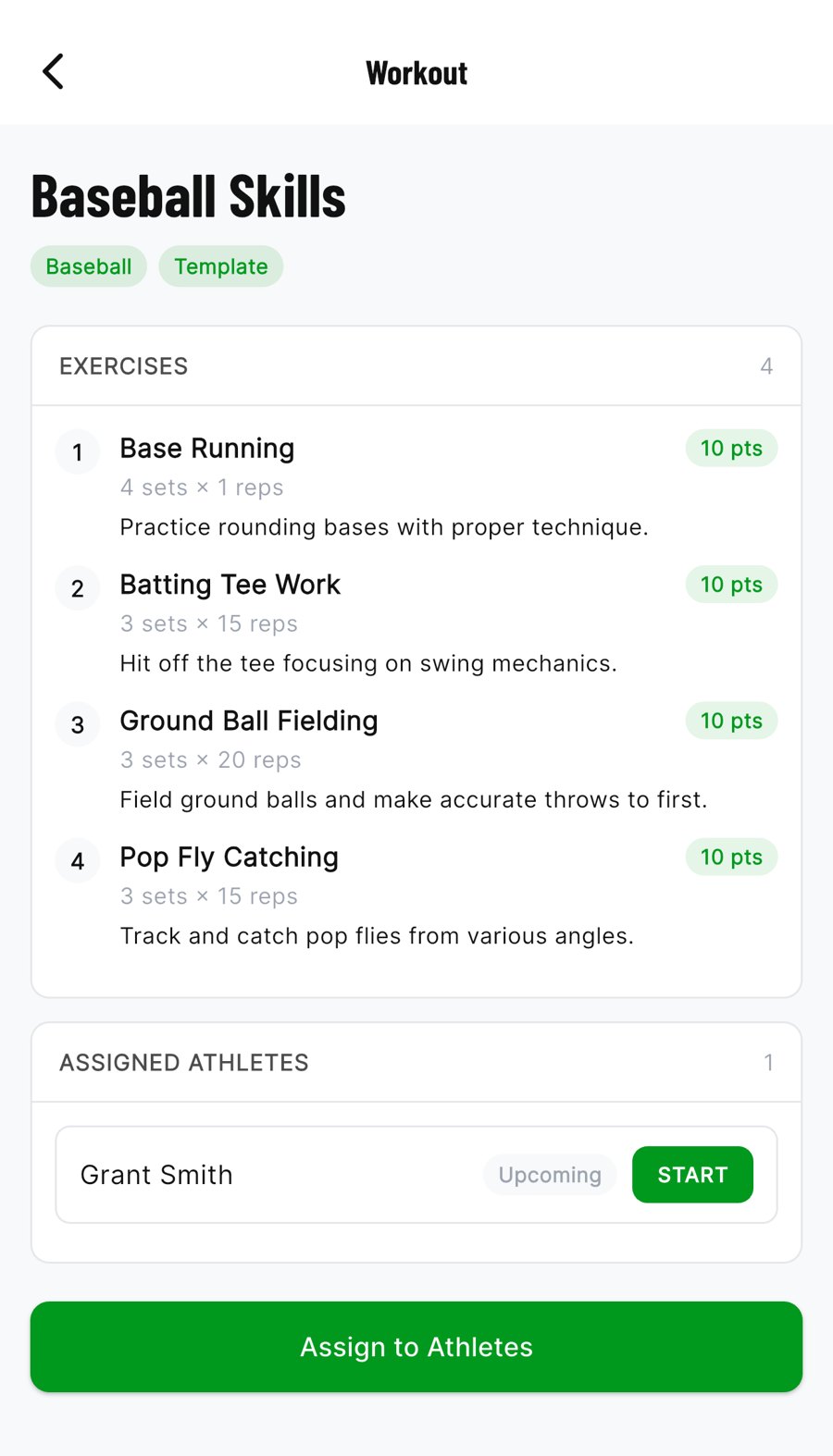 Elevate: a Baseball Skills workout with four drills, ready to assign to athletes