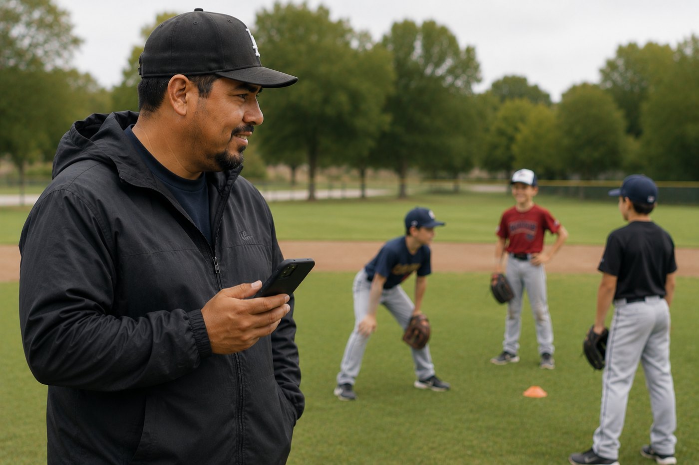 A coach on the field holding a phone while players warm up