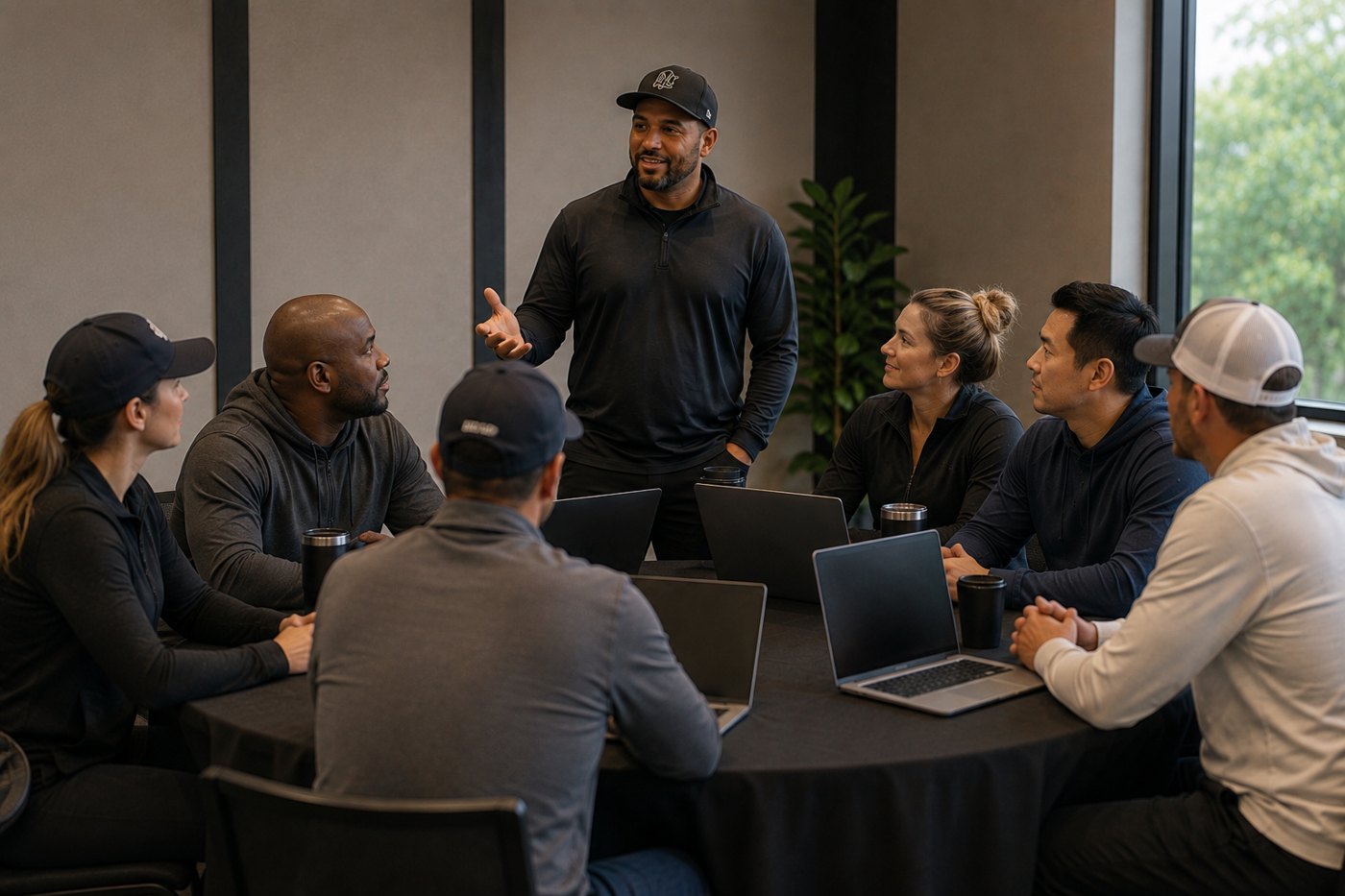 A coach talking with a group of coaches around a table