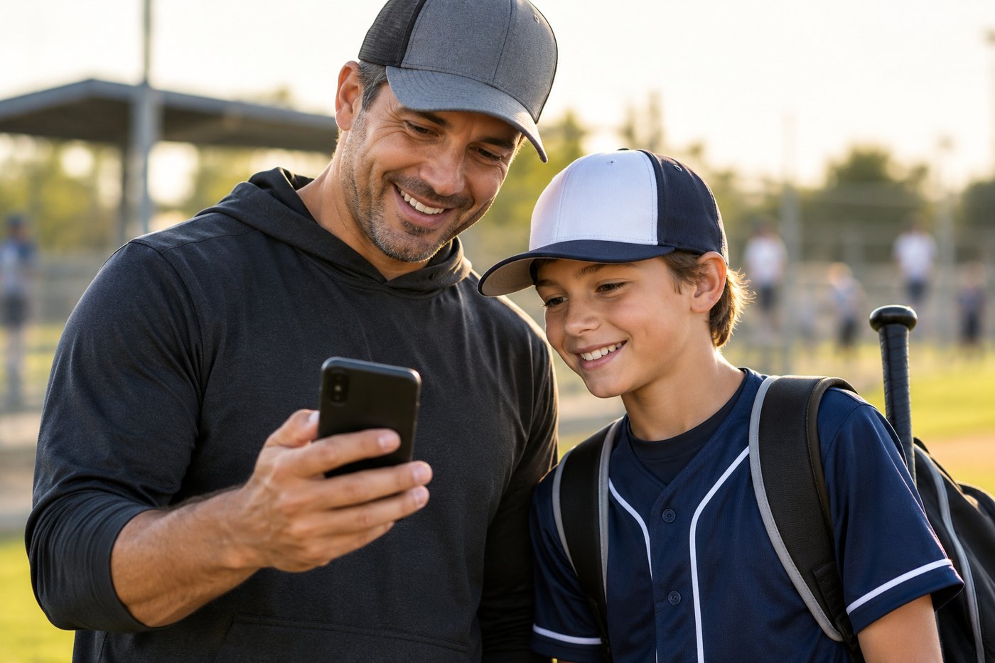A parent and a young ball player looking at a phone together at the field