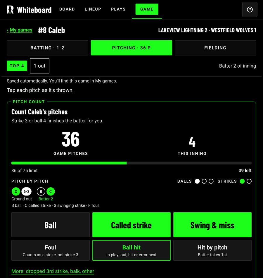 The pitching screen: a running pitch count with large Ball, Called strike and Swing and miss buttons