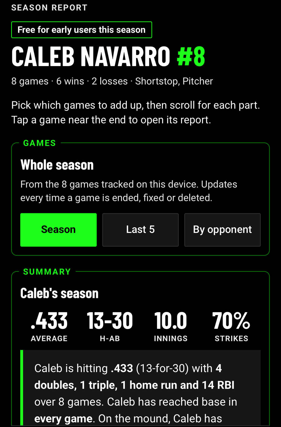 Sample season report: filters for whole season, last 5 or by opponent, and season totals