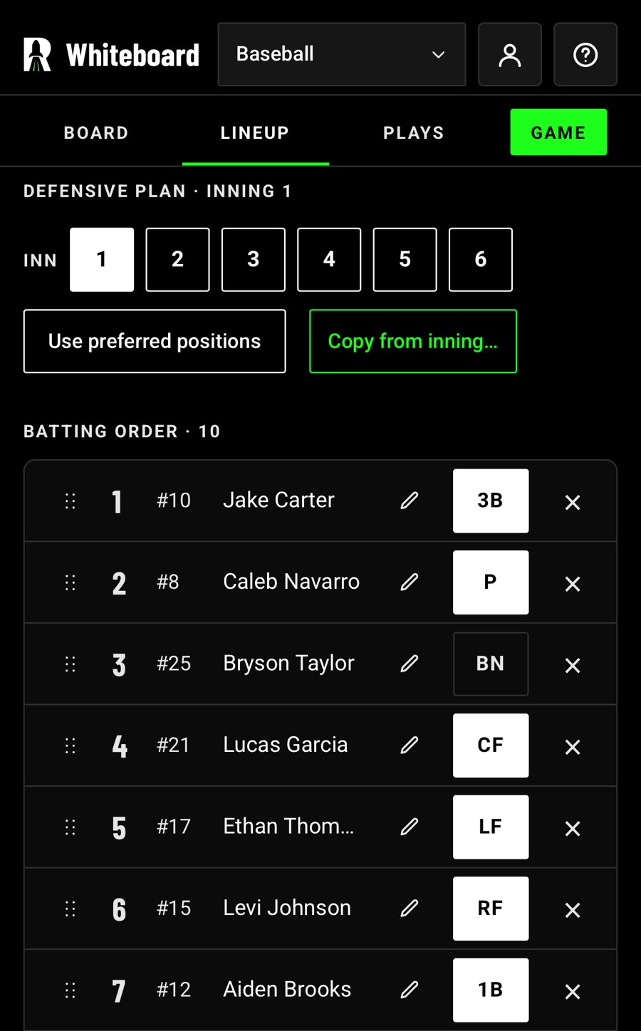 Whiteboard lineup: the batting order with each player's position for the inning